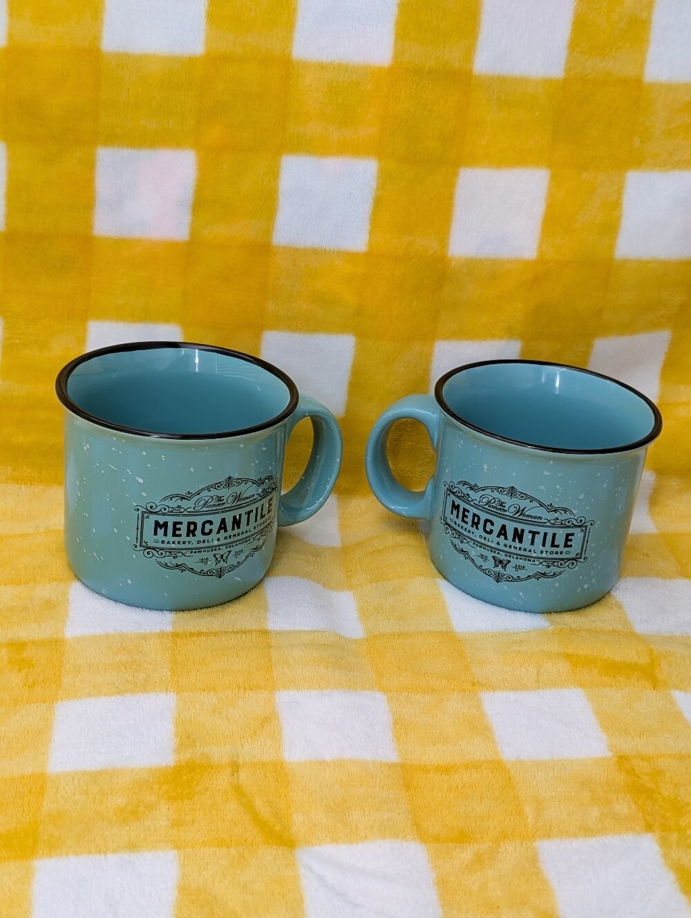 The Pioneer Woman Aqua Blue 'Mercantile' Ceramic Camp Mug with Black Rim